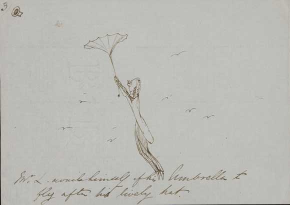 3. Mr. L. avails himself of his umbrella to fly agter his lively hat.