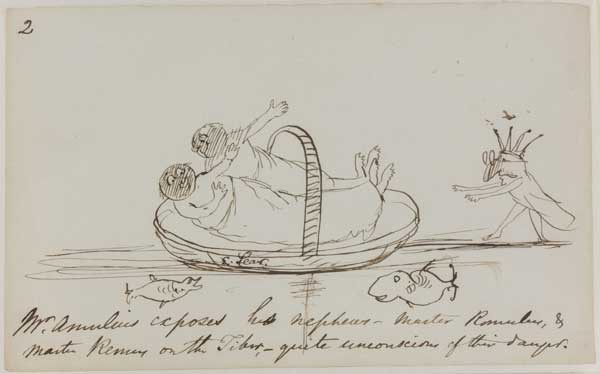 2. Mr. Amulius exposes his nephews, Master Romulus & Master Remus on the Tiber, quite unconscious of their danger.