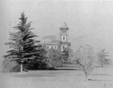 A bad scan of "The Queen's sketch made under Lear's tuition when Osborne was half built," from P. Levi's Edward Lear.